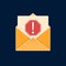 Yellow fraud letter icon with document, alert exclamation warning sign. Vector phishing newsletter mail illustration. Scam and