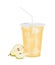Yellow fresh pear juice glass and slices half. Fruit juice in clear plastic transparent cup flat lid, ice and straw tube.
