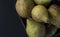 Yellow fresh pears on wooden background top view sackcloth and p