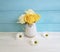 Yellow fresh rose vase chrysanthemum nature wooden background frame nature greeting decoration birthday