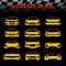 Yellow front body car and Checkered flags vector set design