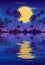 Yellow full moon in dark blue night sky with black palm trees silhouettes and water reflection. Vector fullmoon party