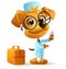 Yellow funny dog doctor in uniform holding pill