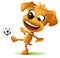 Yellow funny dog football player kicks soccer ball