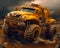 Yellow futuristic monster truck in a desert. AI generated