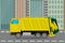 Yellow garbage truck side view, cartoon vehicle on city road
