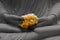 Yellow garland in hands of Buddha statue black and white