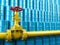 Yellow gas pipe line valves and blue oil barrels. Fuel and energy industrial concept.