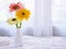 Yellow Gerbera jamesonii daisy flower in vase on table ,Barberton Transvaal daisy copy space for text or lettering flower in ce