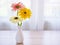 Yellow Gerbera jamesonii daisy flower in vase on table ,Barberton Transvaal daisy copy space for text or lettering flower in ce