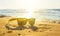 Yellow glasses the sea sand, sunglasses with beautiful sea scenery. sunglasses are reflected in the Golden wet sand as