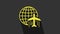 Yellow Globe with flying plane icon isolated on grey background. Airplane fly around the planet earth. Aircraft world