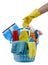 Yellow Gloved Hand Reaching for Basket of Cleaning Products