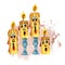 Yellow glowing burning candles with melted wax flowing down sides.