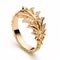 Yellow Gold Leaf Ring With Diamonds - Ornamental Illustration Style
