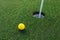 Yellow golf ball nearby hole with pin flag, green grass background