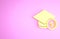 Yellow Graduation cap and coin icon isolated on pink background. Education and money. Concept of scholarship cost or