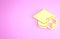 Yellow Graduation cap with shield icon isolated on pink background. Insurance concept. Security, safety, protection