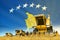 Yellow grain agricultural combine harvester on field with Kosovo flag background, food industry concept - industrial 3D