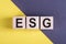 On a yellow and gray background, light wooden blocks and cubes with the text ESG - short for Environmental Social Governance