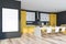 Yellow and gray kitchen with mock up poster, table
