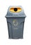 yellow and gray recycle bins with recycle symbol on white background