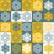 Yellow gray snowy christmas background, decorative illustrations seamless pattern, square with snowflake, repeat vector