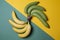 Yellow and green bananas on a colored background, ripe and unripe fruit concept