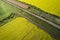 Yellow and green fields, aerial view. Cars go on the road