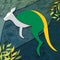 Yellow and Green Kangaroo Illustration against a Blue Green Background