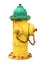 Yellow green old rusty american fire hydrant isolated on white background. Yellow and green hydrant water.