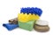 Yellow, green sponges and blue mitts for washing and microfiber fabric