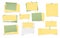 Yellow and green torn note, notebook paper pieces for text stuck with sticky tape on white background. Vector