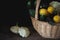 Yellow and green zucchini and button squash in a basket on a dark background