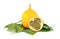 yellow Grenadilla oval fruit on a green leaf substrate, an exotic fruit with a fragrant filling