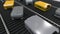 Yellow and grey suitcases move on the conveyor. Loopable 3D animation