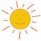 Yellow grinning relaxed sun face with sunbeams . Smiley children\\\'s drawing . Joyeful sunny sun .