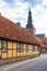 Yellow half-timbered residential house and Mariakyrkan Ystad Sweden