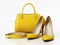 Yellow handbag, shoes and belt isolated on white background. 3D illustration