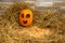Yellow and happy smiling pumpkin. Halloween symbol on a gray stone wall background, stands on a hay and a wooden stand. Jack o