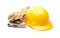 Yellow Hard Hat, Gloves and Hammer on White