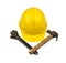 Yellow hardhat with crossed hammer and wrench