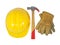 Yellow hardhat, old leather gloves and a hammer