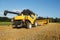 Yellow harvester combine on field harvesting gold wheat