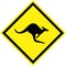 Yellow hazard sign with kangaroos on road