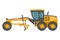 Yellow heavy machinery with motor grader on white background for construction and mining