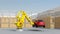 Yellow heavyweight robotic arm carrying red SUV in logistics center