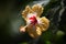 Yellow hibiscus flower between dark shady leaves