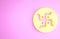 Yellow Hindu swastika religious symbol icon isolated on pink background. Minimalism concept. 3d illustration 3D render
