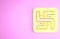 Yellow Hindu swastika religious symbol icon isolated on pink background. Minimalism concept. 3d illustration 3D render